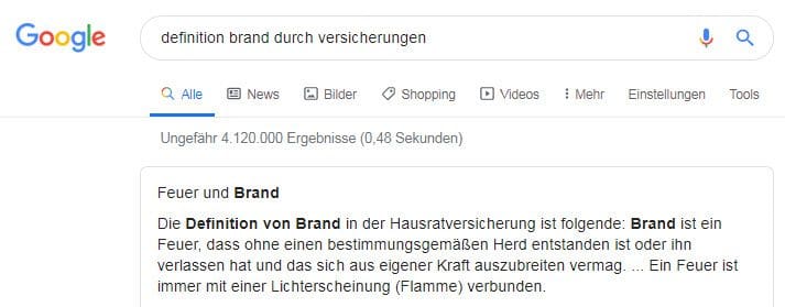 Brandfall: Was sagt zu Google zur Definition von Brand durch Versicherungen? (Screenshot 12.11.2019) Brandfall: Was sagt zu Google zur Definition von Brand durch Versicherungen? (Screenshot 12.11.2019)