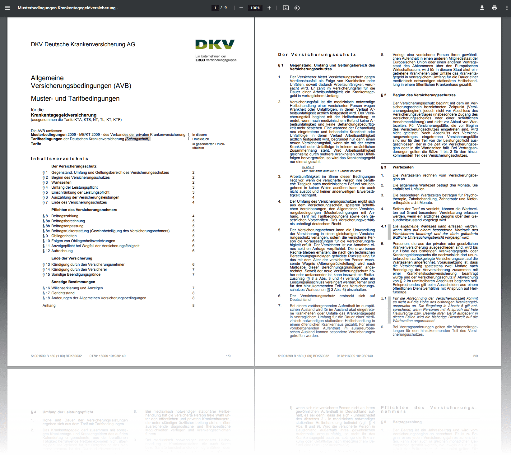 DKV will Krankentagegeld nicht zahlen? - Werfen Sie selbst oder zusammen mit einem Fachanwalt in die genauen Vertragsbedingungen (hier Muster- und Tarifbedingungen; Screenshot dkv.com/downloads/mydkv/BDK50032.pdf am 14.07.2022)