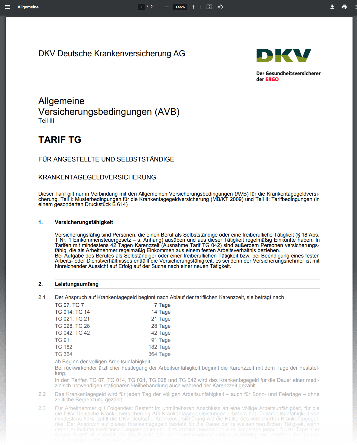 DKV Krankentagegeldversicherung zahlt nicht? - Prüfen Sie auch die Allgemeinen Versicherungsbedingungen für Ihren konkreten Tarif. (hier: Screenshot: dkv.com/downloads/mydkv/BDK71670.pdf am 14.07.2022)