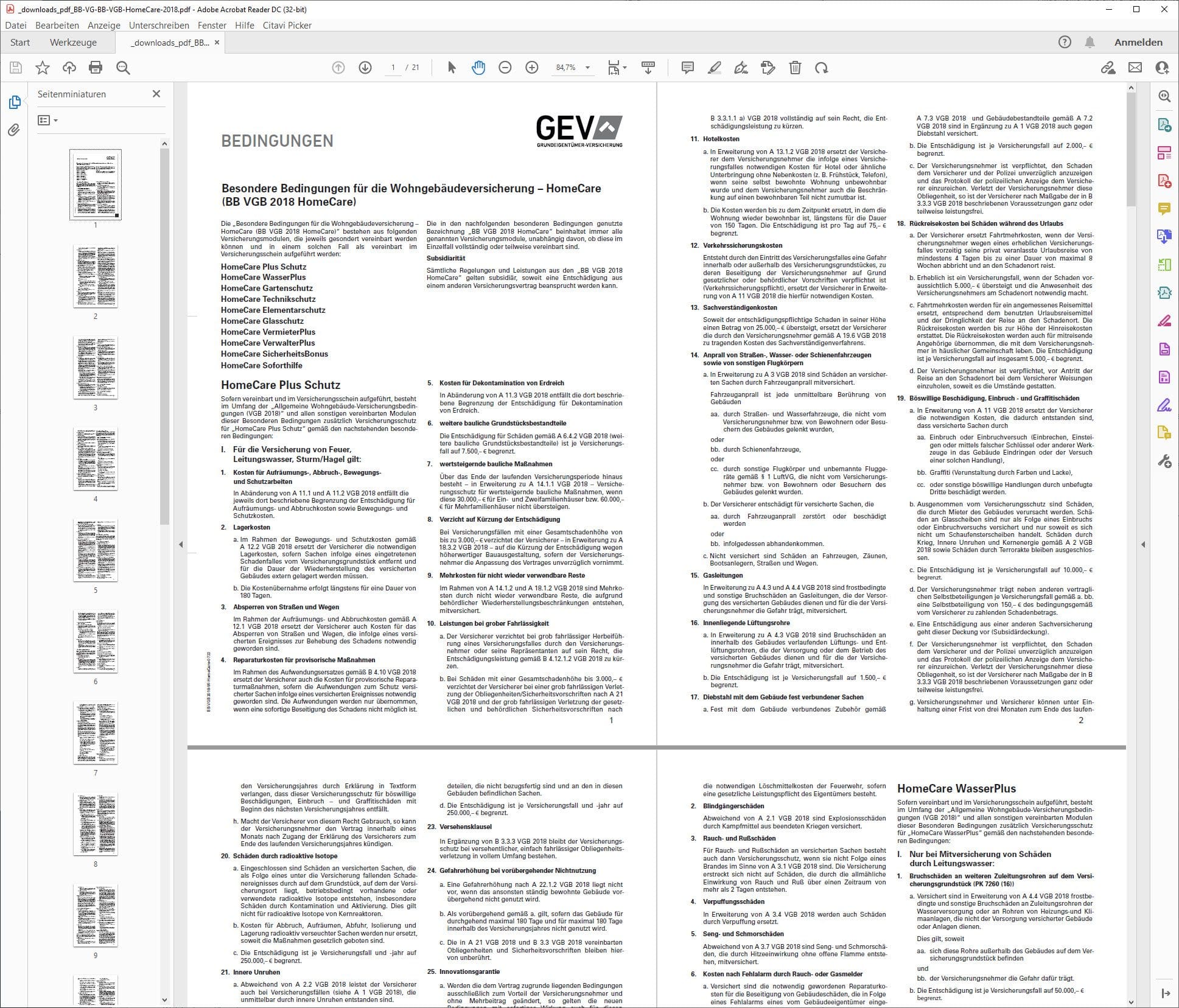 Die GEV Wohngebäudeversicherung zahlt nicht? - Werfen Sie als erstes einen sorgfältigen Blick in die Tarifbestimmungen und Versicherungsbedingungen - hier Screenshot "Besondere Bedingungen für die Wohngebäudeversicherung – HomeCare (BB VGB 2018 HomeCare)", https://www.gev-versicherung.de/downloads/pdf/BB-VG-BB-VGB-HomeCare-2018.pdf am 09.08.2022