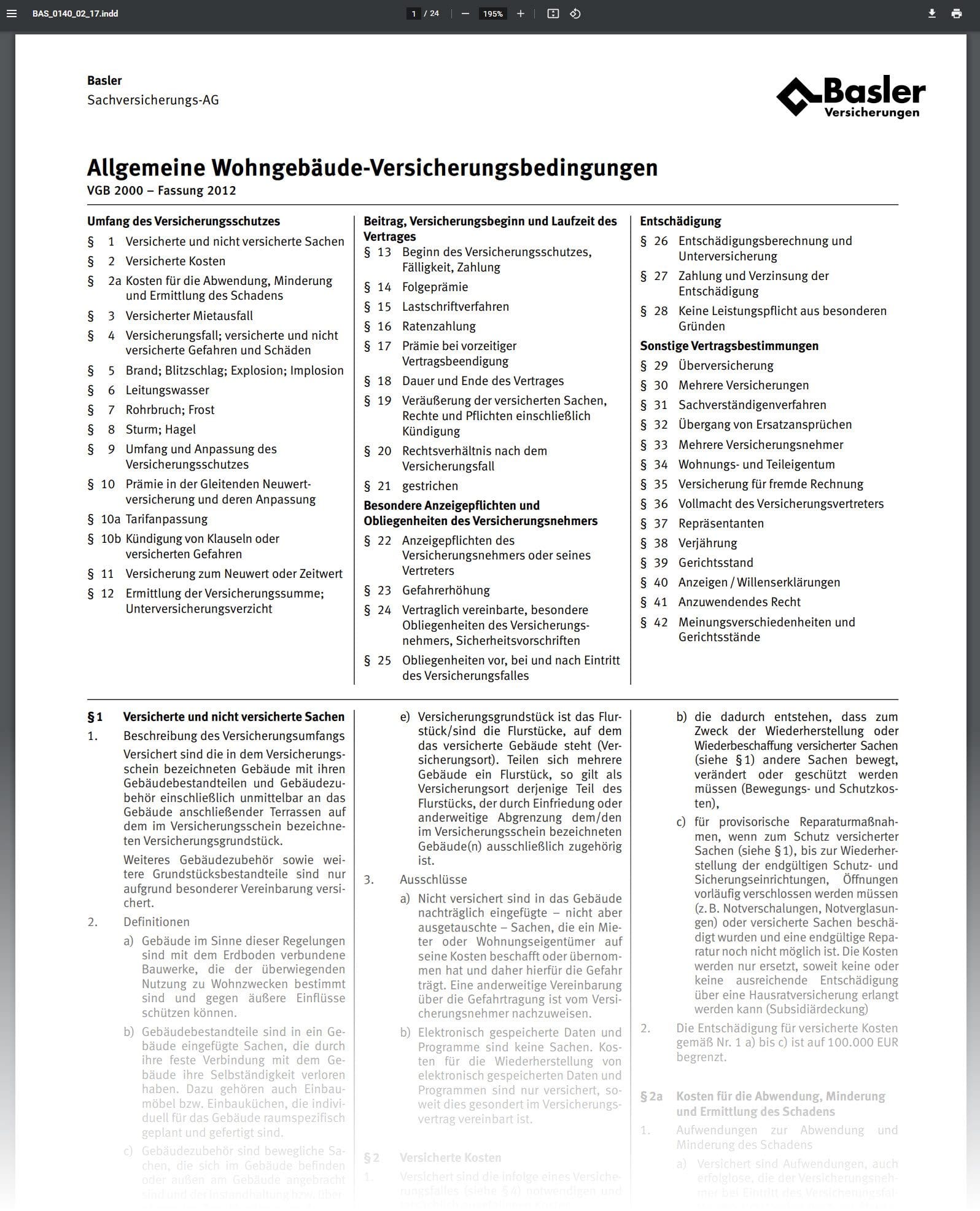Basler Wohngebäudeversicherung zahlt nicht?! - Nicht immer erfolgt die Ablehnung aufgrund der Versicherungsbedingungen. Schalten Sie bei größeren Schäden unbedingt einen Fachanwalt für Versicherungsrecht an, um den Fall prüfen zu lassen! (Screenshot PDF 04.08.2022, basler.de/dam/basler-de/privatkunden/de/documents/gebauedeversicherung/Basler-Gebaeudeversicherung-Bedingungen)