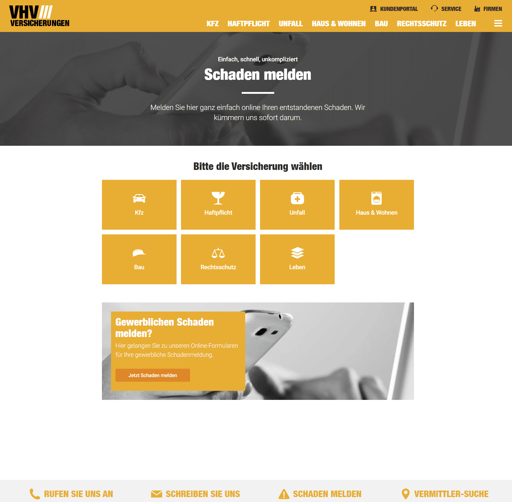 Wenn Sie der VHV einen Schaden melden, hoffen und erwarten Sie, dass die Versicherungsgesellschaft den Schaden reguliert und bezahlt. Und das macht sie in den meisten Fällen sicherlich. Doch was, wenn Sie nach einer Leistungsabsage feststellen: "Meine VHV Versicherung zahlt nicht"?! - Unsere Sachverständigen und Fachanwälte unterstützen Sie dann. (Screenshot vhv.de/kundenservice/schaden-melden am 27.11.2023)