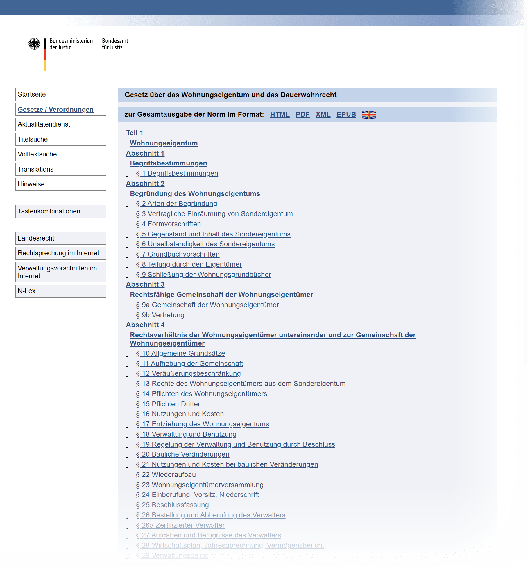 Abwicklung Versicherungsschaden innerhalb WEG: Genaue Regeln zu Gemeinschaftseigentum, Sondereigentum, Verwaltung, Wohnungseigentümerversammlung etc. regelt das Gesetz über das Wohnungseigentum (Screenshot gesetze-im-internet.de/woeigg/)